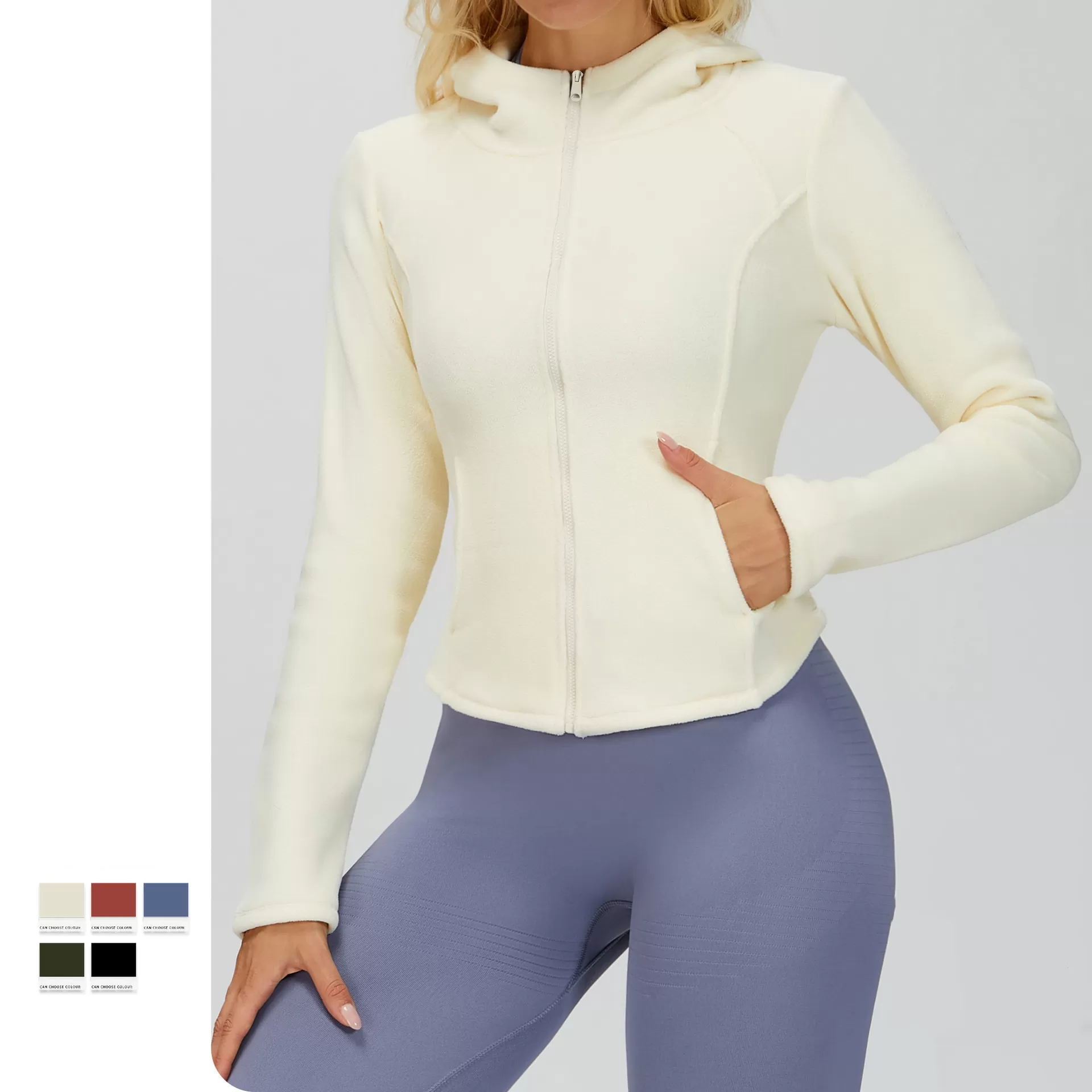 Chaqueta de yoga cálida de corte entallado con cremallera para mujer, de forro polar y bolsillo FGBEWT5076