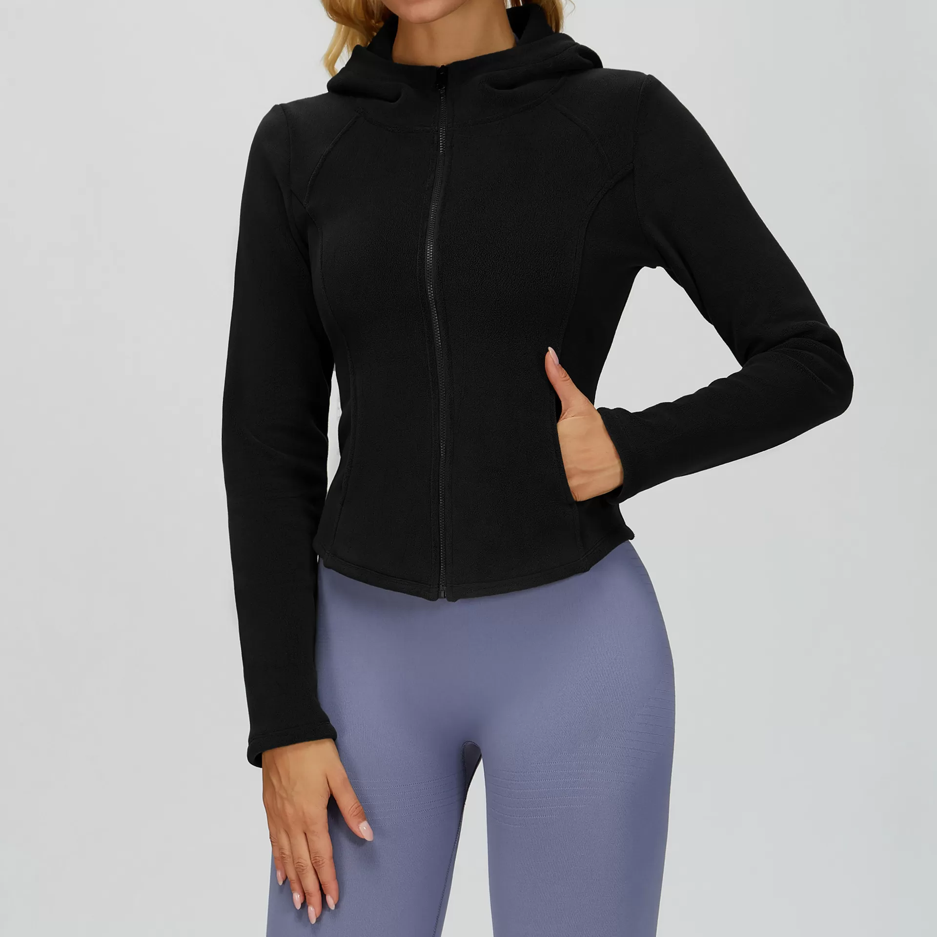 Chaqueta de yoga cálida de corte entallado con cremallera para mujer, de forro polar y bolsillo FGBEWT5076