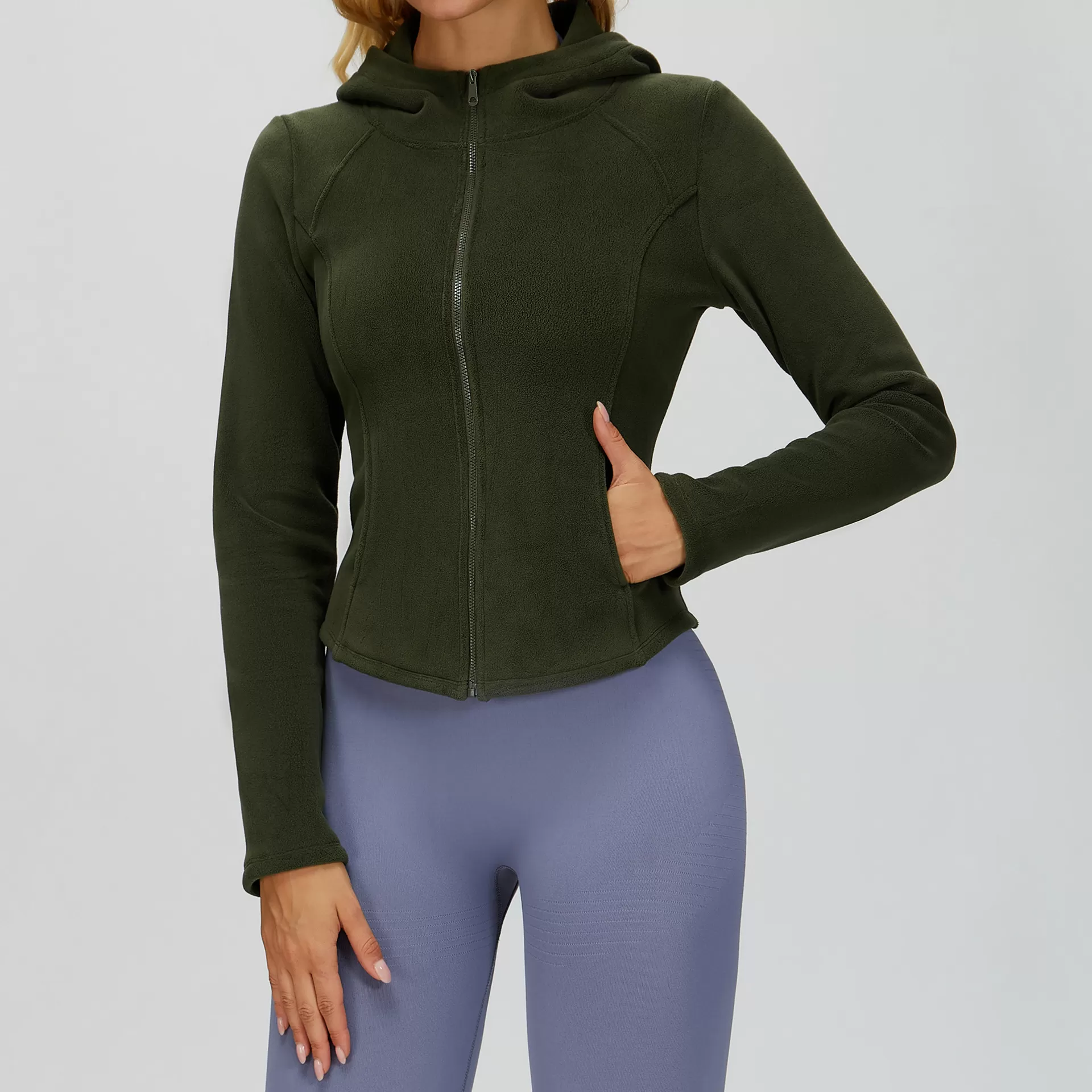 Chaqueta de yoga cálida de corte entallado con cremallera para mujer, de forro polar y bolsillo FGBEWT5076