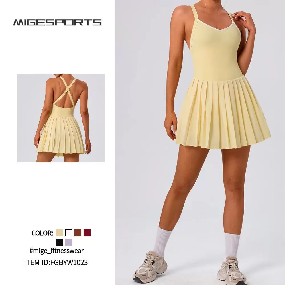 Falda de yoga de una pieza, plisada a juego, elástica, de secado rápido, antideslumbrante, para golf, tenis, cuello en V, FGBYW1023L