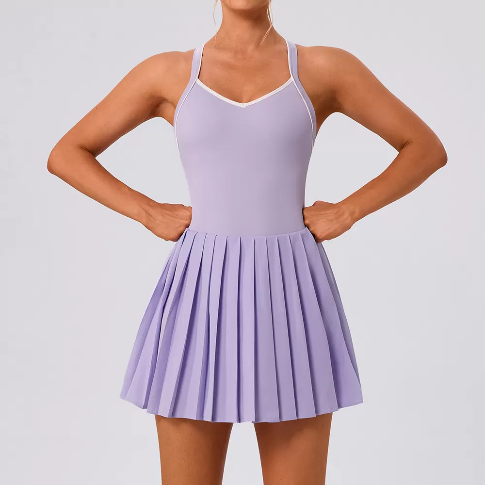 Falda de yoga de una pieza, plisada a juego, elástica, de secado rápido, antideslumbrante, para golf, tenis, cuello en V, FGBYW1023L