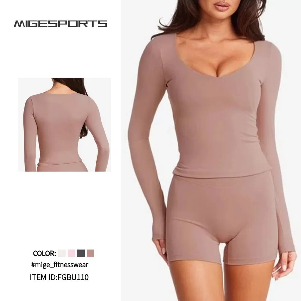 Camiseta de manga larga para mujer, de alta calidad, agradable al tacto, color piel, fitness, corte ajustado, FGBU110