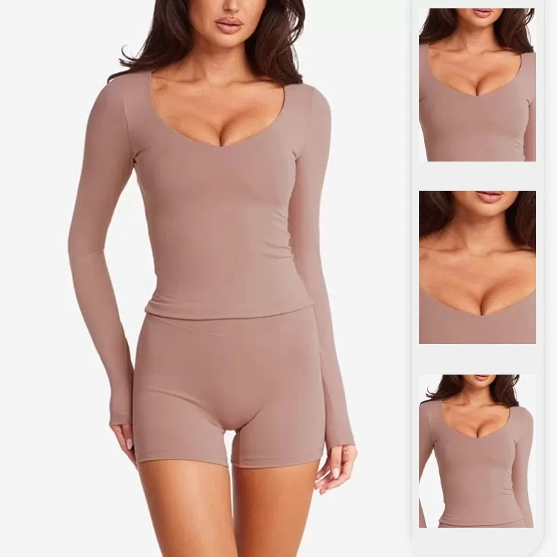 Camiseta de manga larga para mujer, de alta calidad, agradable al tacto, color piel, fitness, corte ajustado, FGBU110