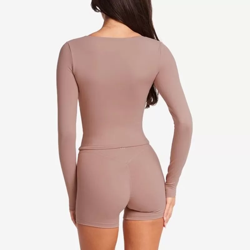 Camiseta de manga larga para mujer, de alta calidad, agradable al tacto, color piel, fitness, corte ajustado, FGBU110