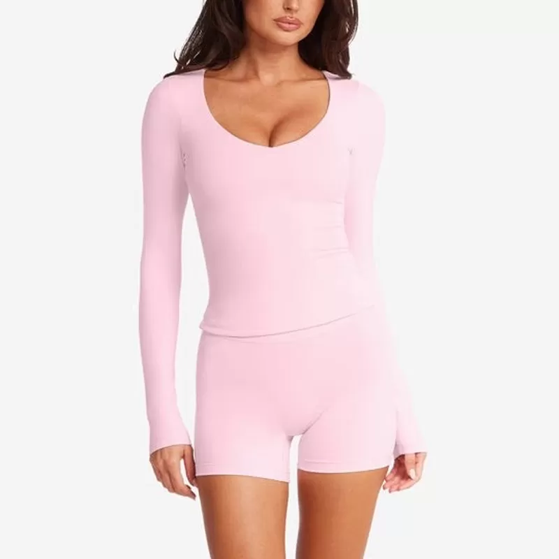 Camiseta de manga larga para mujer, de alta calidad, agradable al tacto, color piel, fitness, corte ajustado, FGBU110