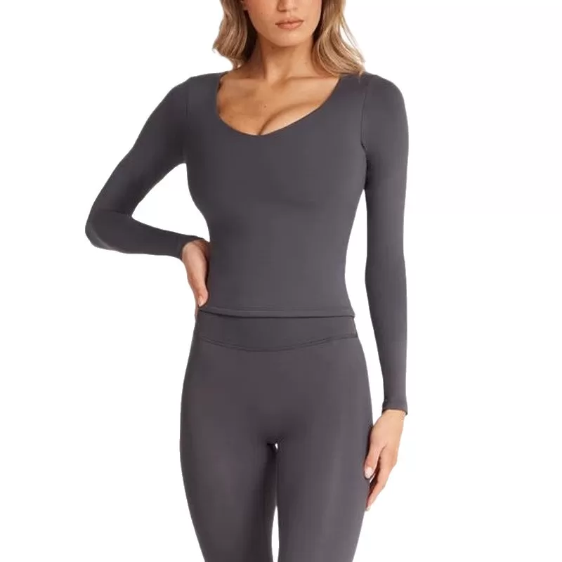 Camiseta de manga larga para mujer, de alta calidad, agradable al tacto, color piel, fitness, corte ajustado, FGBU110