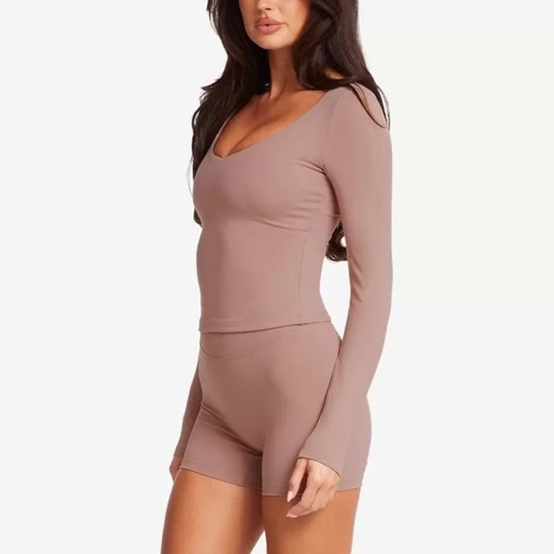 Camiseta de manga larga para mujer, de alta calidad, agradable al tacto, color piel, fitness, corte ajustado, FGBU110