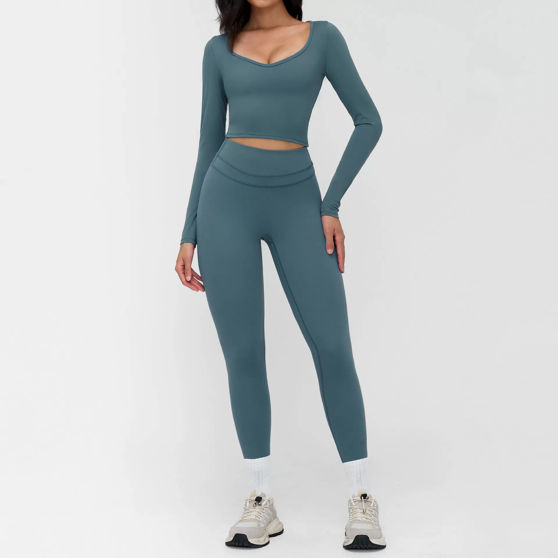 Camisetas de manga azul grisácea + leggings