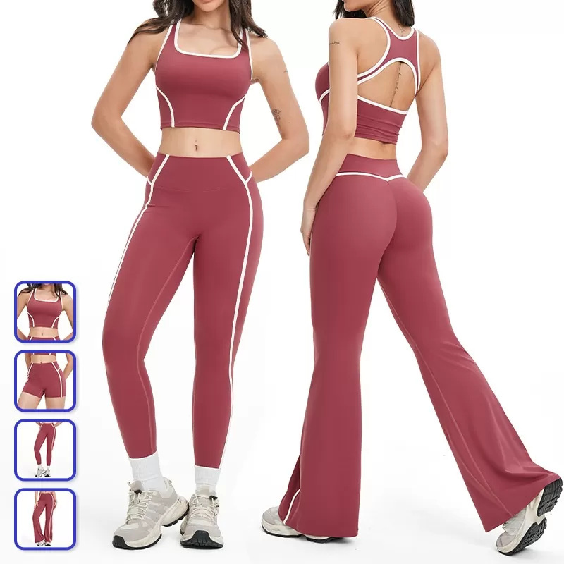 Conjunto deportivo de cuatro piezas para mujer: top corto con espalda descubierta, pantalones de chándal de pierna ancha acampanada. Ideal para gimnasio, fitness, entrenamiento y yoga. FGBTZ2101