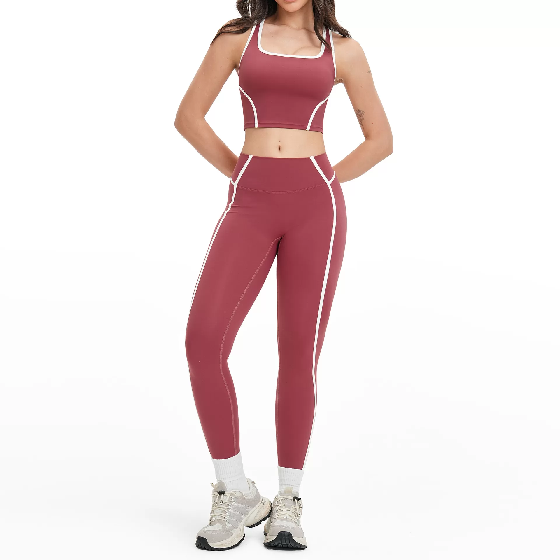 Conjunto deportivo de cuatro piezas para mujer: top corto con espalda descubierta, pantalones de chándal de pierna ancha acampanada. Ideal para gimnasio, fitness, entrenamiento y yoga. FGBTZ2101