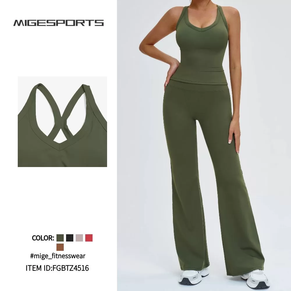 Conjuntos deportivos para mujer, pantalones cortos para correr, pantalones de yoga acampanados, licra, nailon, conjuntos de gimnasio, FGBTZ4516