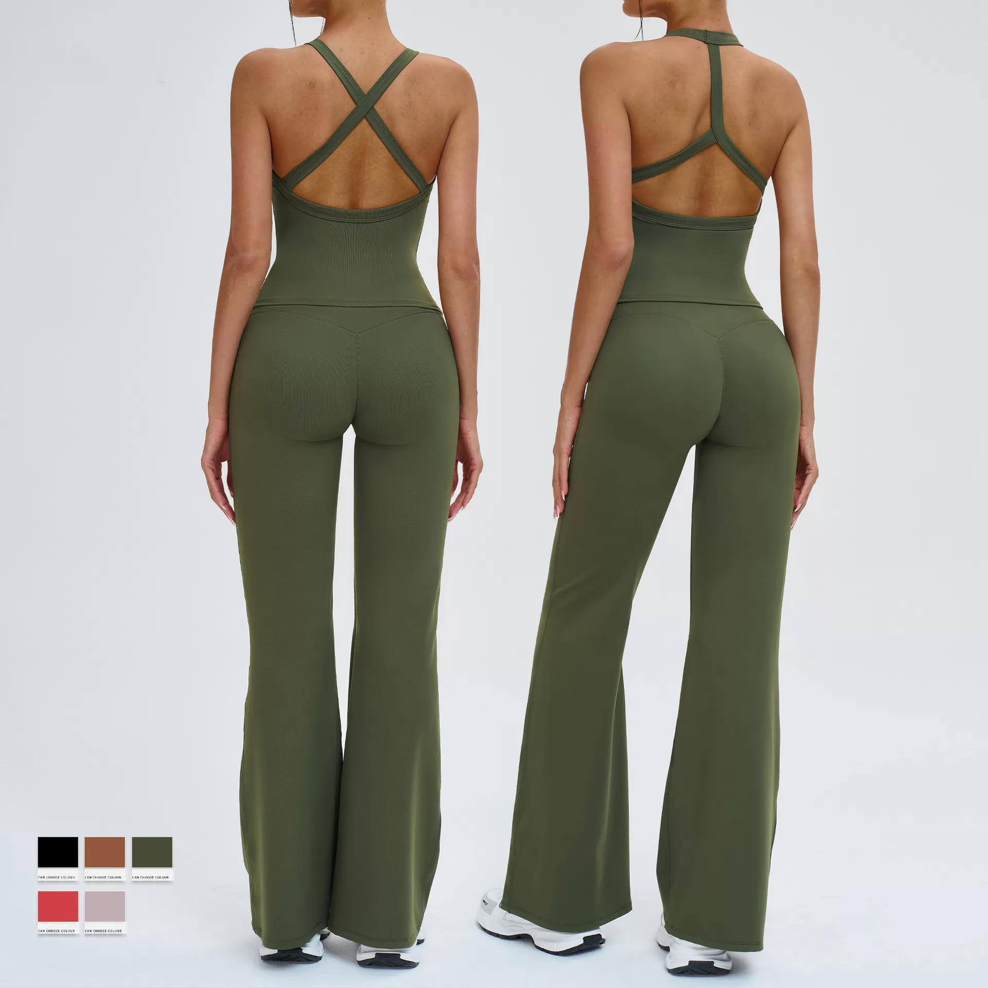 Conjuntos deportivos para mujer, pantalones cortos para correr, pantalones de yoga acampanados, licra, nailon, conjuntos de gimnasio, FGBTZ4516