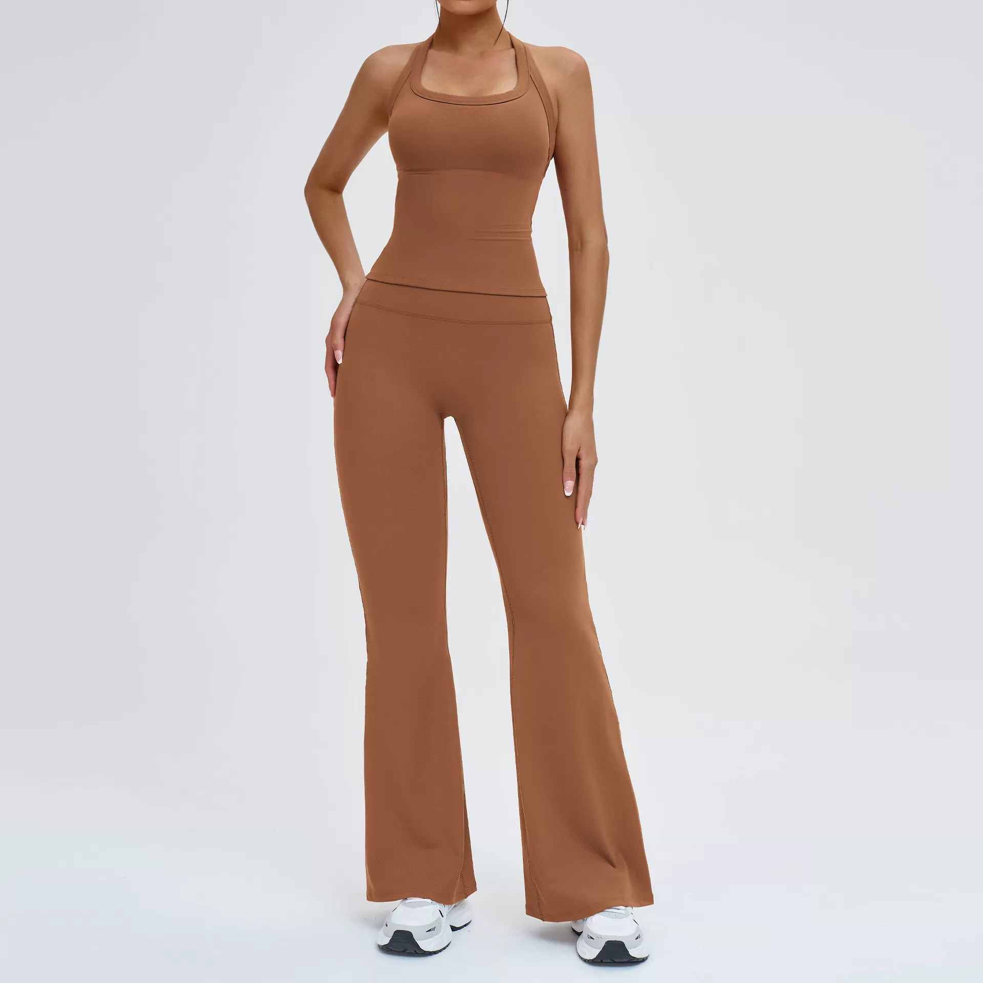 Conjuntos deportivos para mujer, pantalones cortos para correr, pantalones de yoga acampanados, licra, nailon, conjuntos de gimnasio, FGBTZ4516