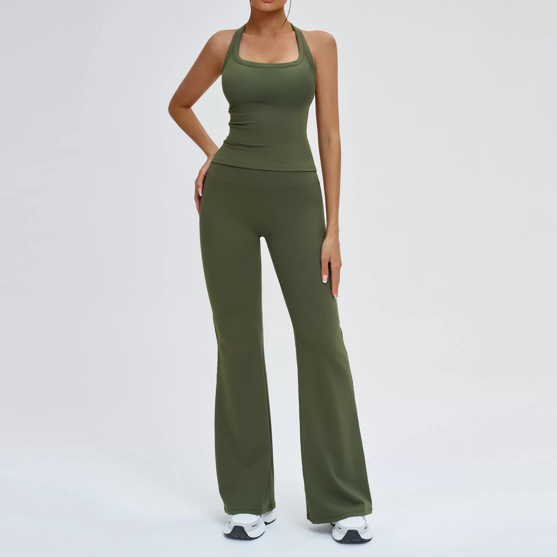 Conjuntos deportivos para mujer, pantalones cortos para correr, pantalones de yoga acampanados, licra, nailon, conjuntos de gimnasio, FGBTZ4516