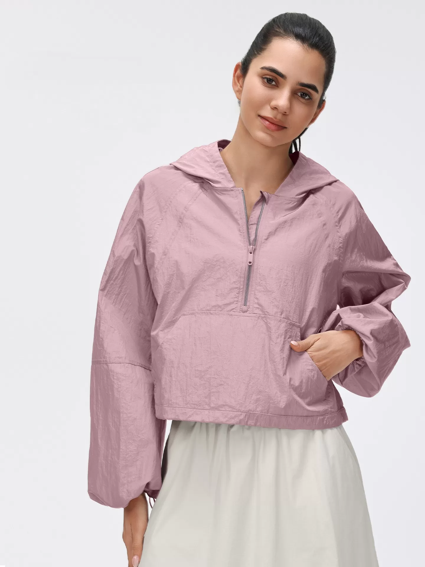 Sudadera corta con capucha para mujer, ligera, transpirable, de secado rápido, con media cremallera, estilo jersey con cremallera de un cuarto, FGBD26004