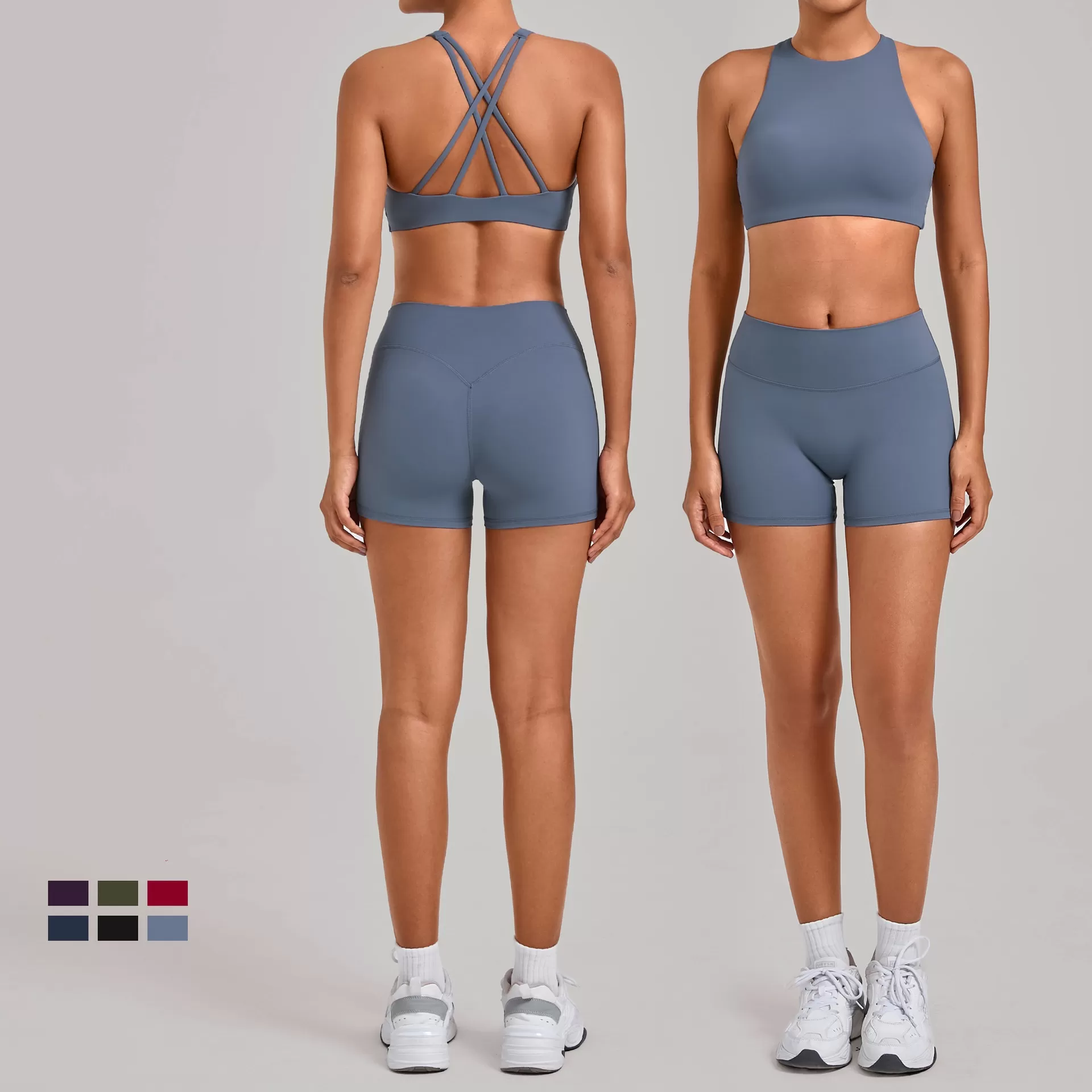 Conjunto deportivo de dos piezas para mujer con cintura elástica y pantalones cortos de yoga color piel FGB16786+10160