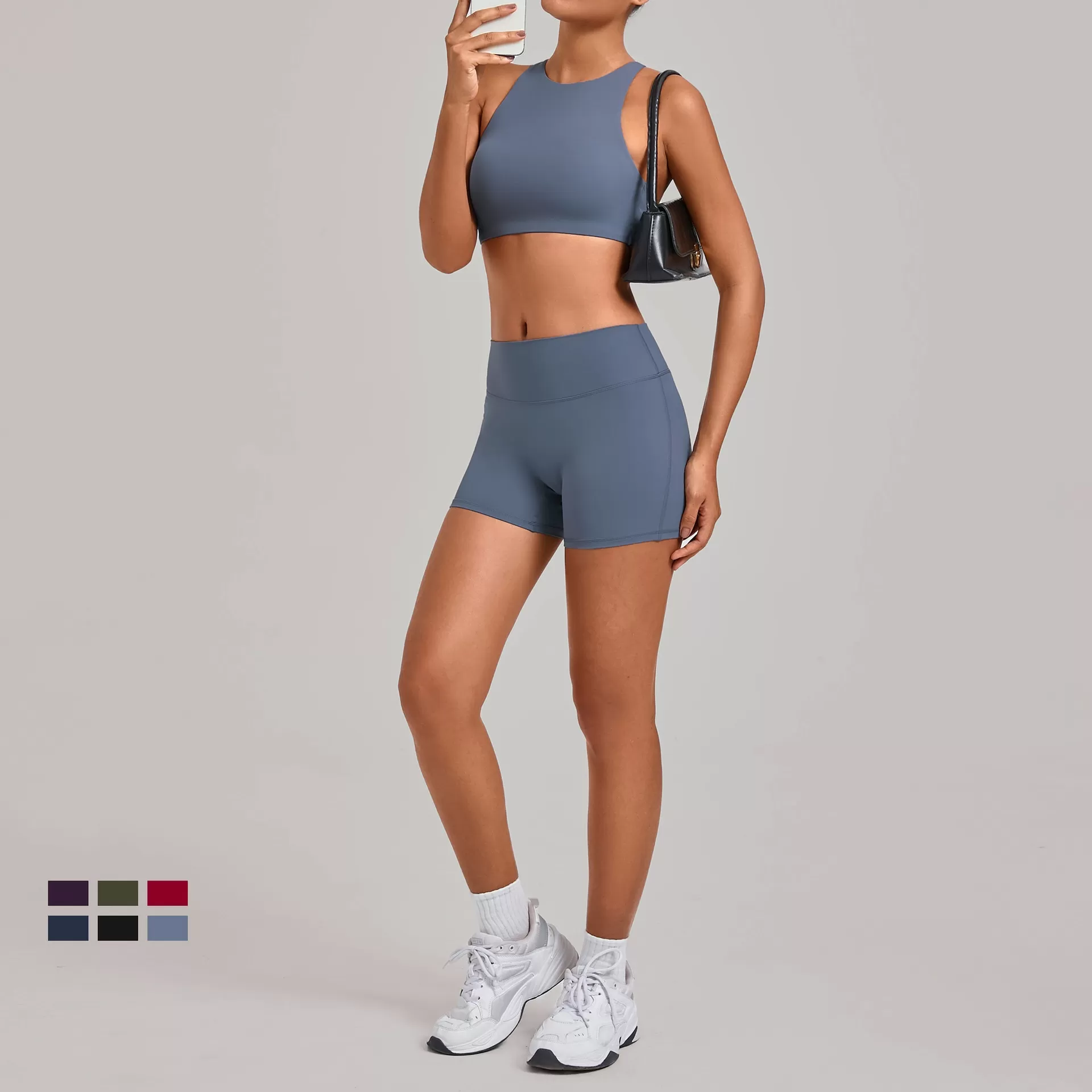 Conjunto deportivo de dos piezas para mujer con cintura elástica y pantalones cortos de yoga color piel FGB16786+10160