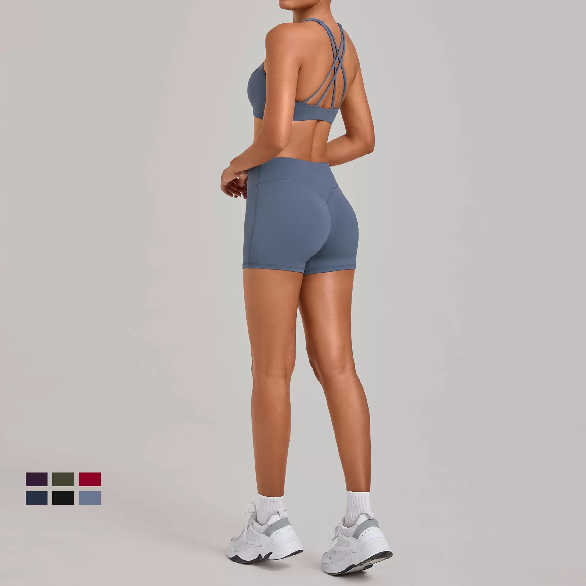 Conjunto deportivo de dos piezas para mujer con cintura elástica y pantalones cortos de yoga color piel FGB16786+10160