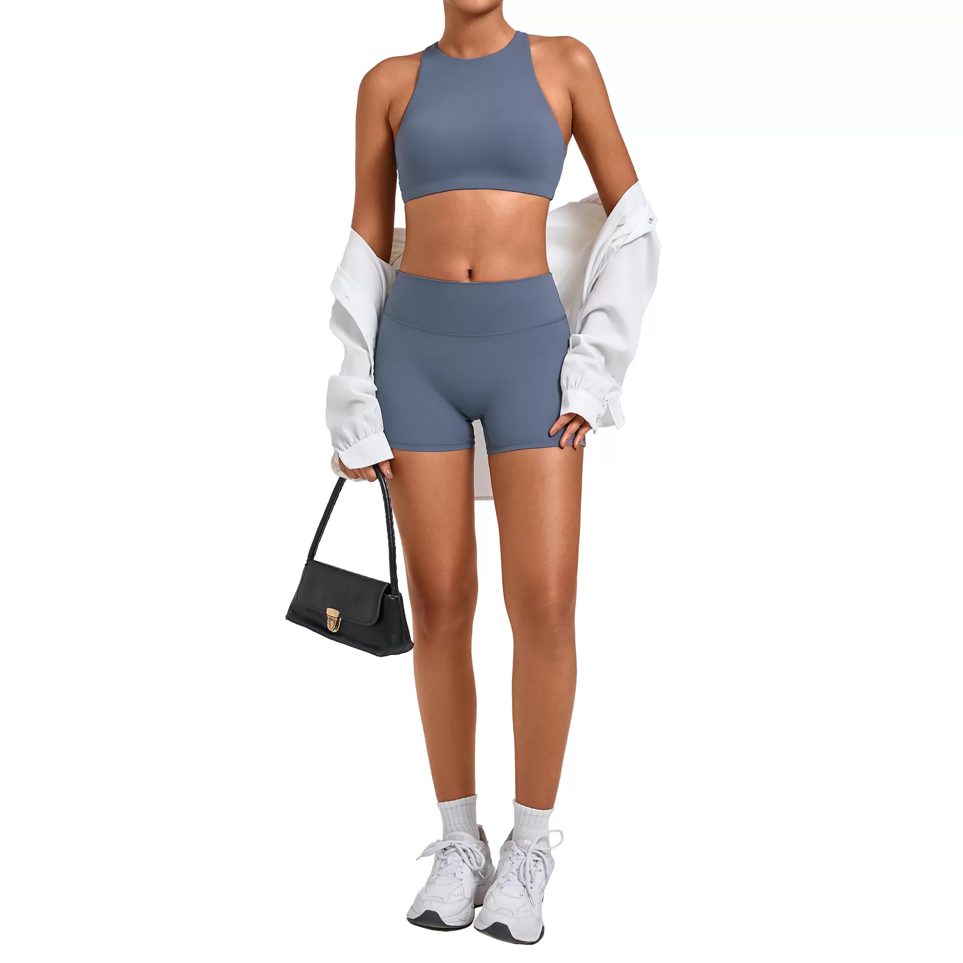 Conjunto deportivo de dos piezas para mujer con cintura elástica y pantalones cortos de yoga color piel FGB16786+10160