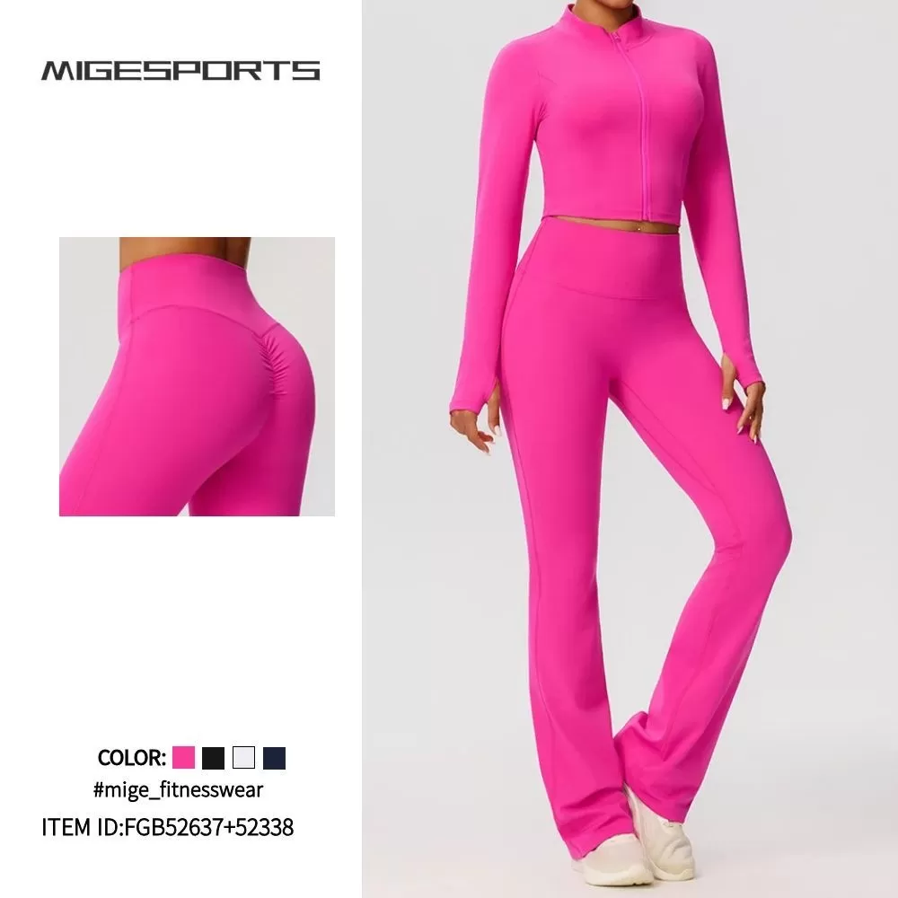 Conjunto de pantalones acampanados de yoga, chaqueta, cintura alta, cremallera frontal, manga larga, estampado liso, corto FGB52637+52338