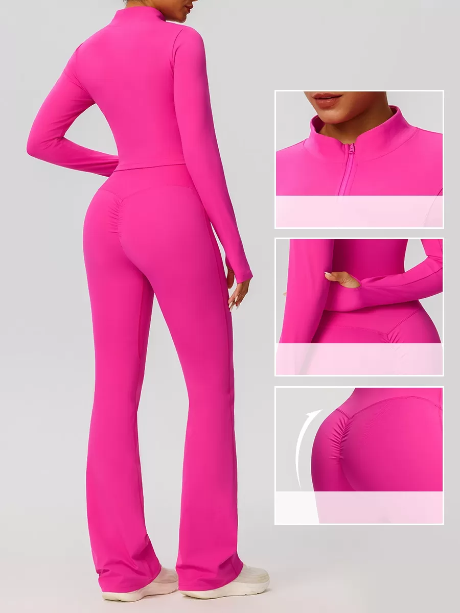 Conjunto de pantalones acampanados de yoga, chaqueta, cintura alta, cremallera frontal, manga larga, estampado liso, corto FGB52637+52338