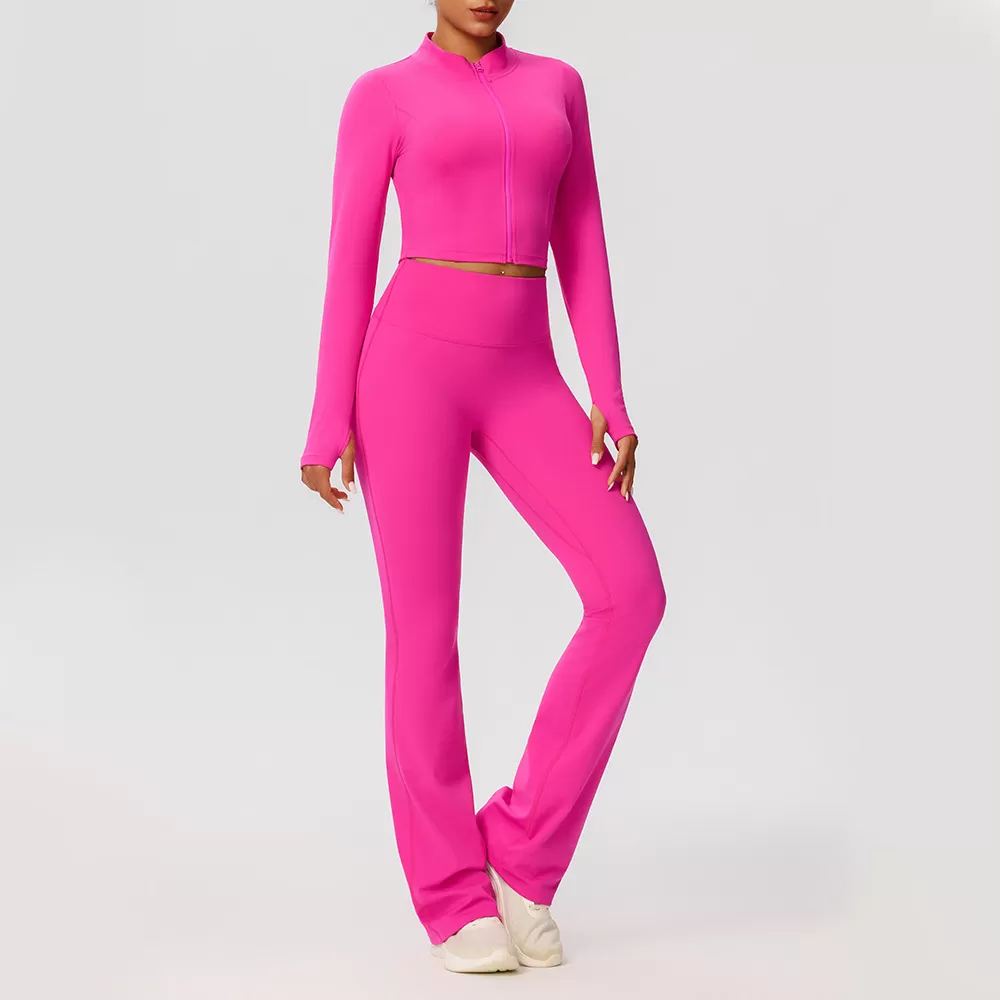 Conjunto de pantalones acampanados de yoga, chaqueta, cintura alta, cremallera frontal, manga larga, estampado liso, corto FGB52637+52338