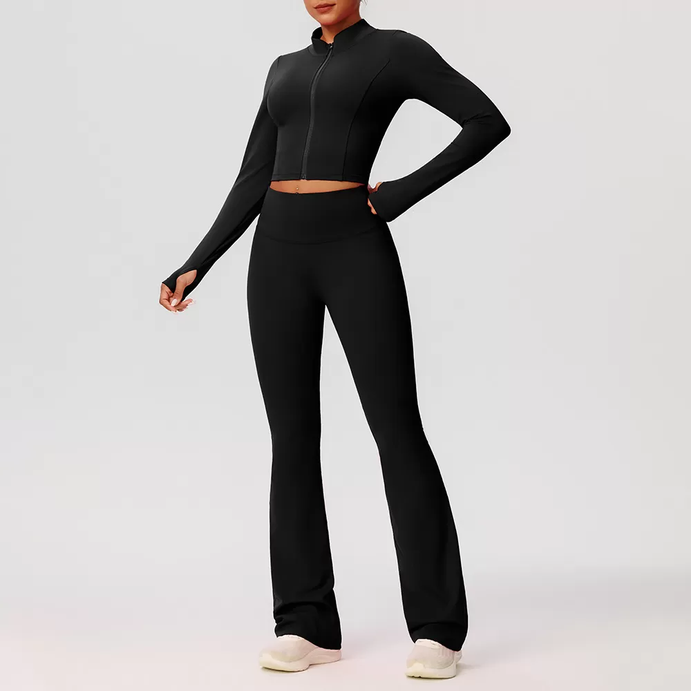 Conjunto de pantalones acampanados de yoga, chaqueta, cintura alta, cremallera frontal, manga larga, estampado liso, corto FGB52637+52338