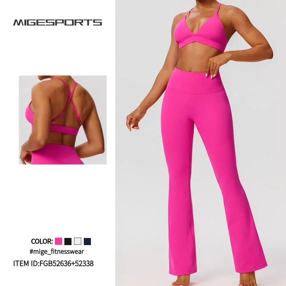 Conjunto de yoga para mujer, pantalones acampanados elásticos y sujetador, cintura elástica con cierre en cuatro direcciones FGB52736+52338
