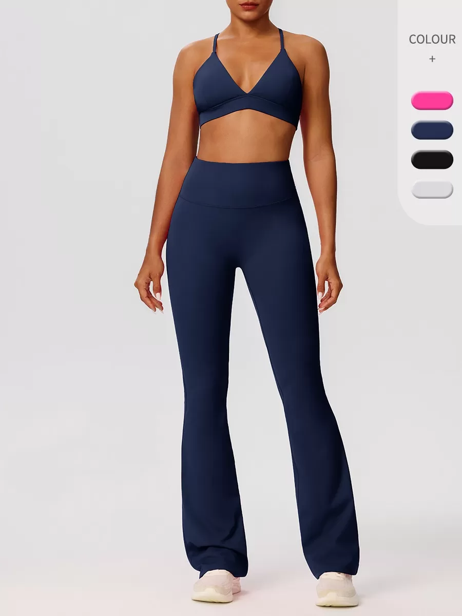 Conjunto de yoga para mujer, pantalones acampanados elásticos y sujetador, cintura elástica con cierre en cuatro direcciones FGB52736+52338