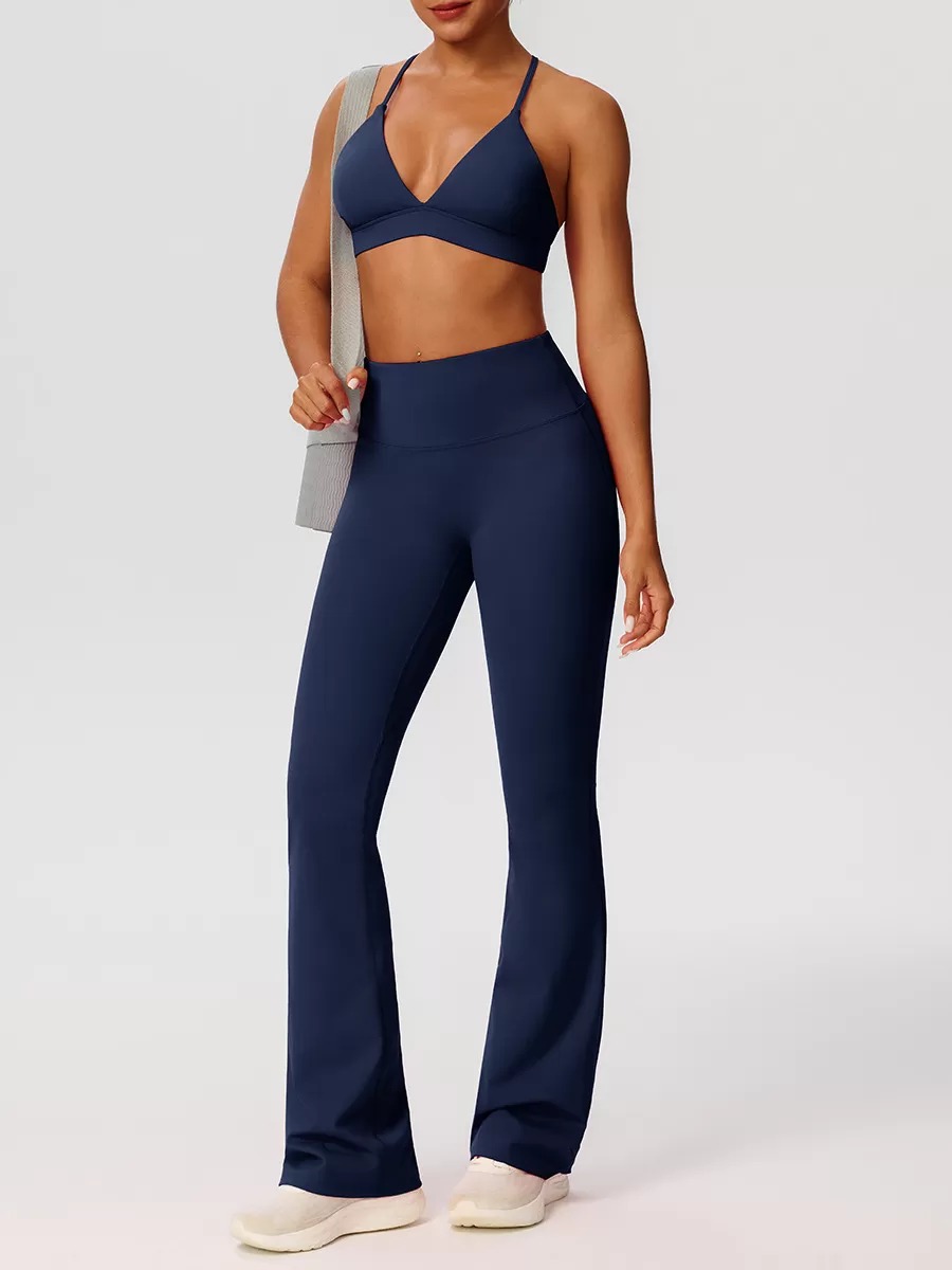 Conjunto de yoga para mujer, pantalones acampanados elásticos y sujetador, cintura elástica con cierre en cuatro direcciones FGB52736+52338