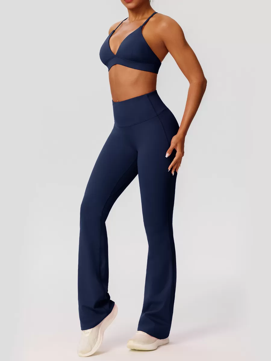 Conjunto de yoga para mujer, pantalones acampanados elásticos y sujetador, cintura elástica con cierre en cuatro direcciones FGB52736+52338