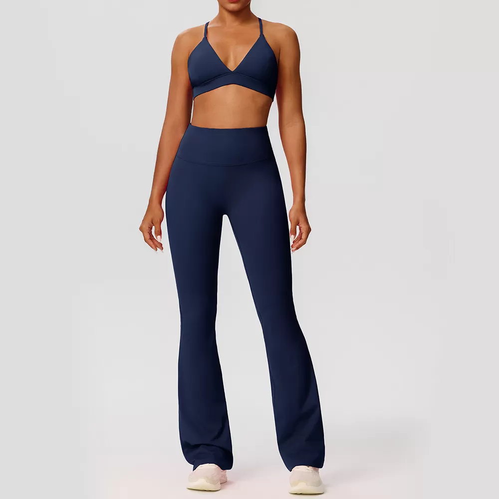 Conjunto de yoga para mujer, pantalones acampanados elásticos y sujetador, cintura elástica con cierre en cuatro direcciones FGB52736+52338