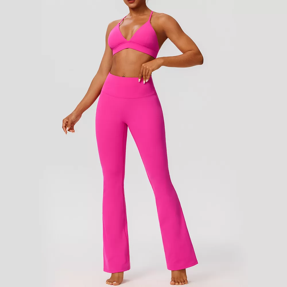 Conjunto de yoga para mujer, pantalones acampanados elásticos y sujetador, cintura elástica con cierre en cuatro direcciones FGB52736+52338