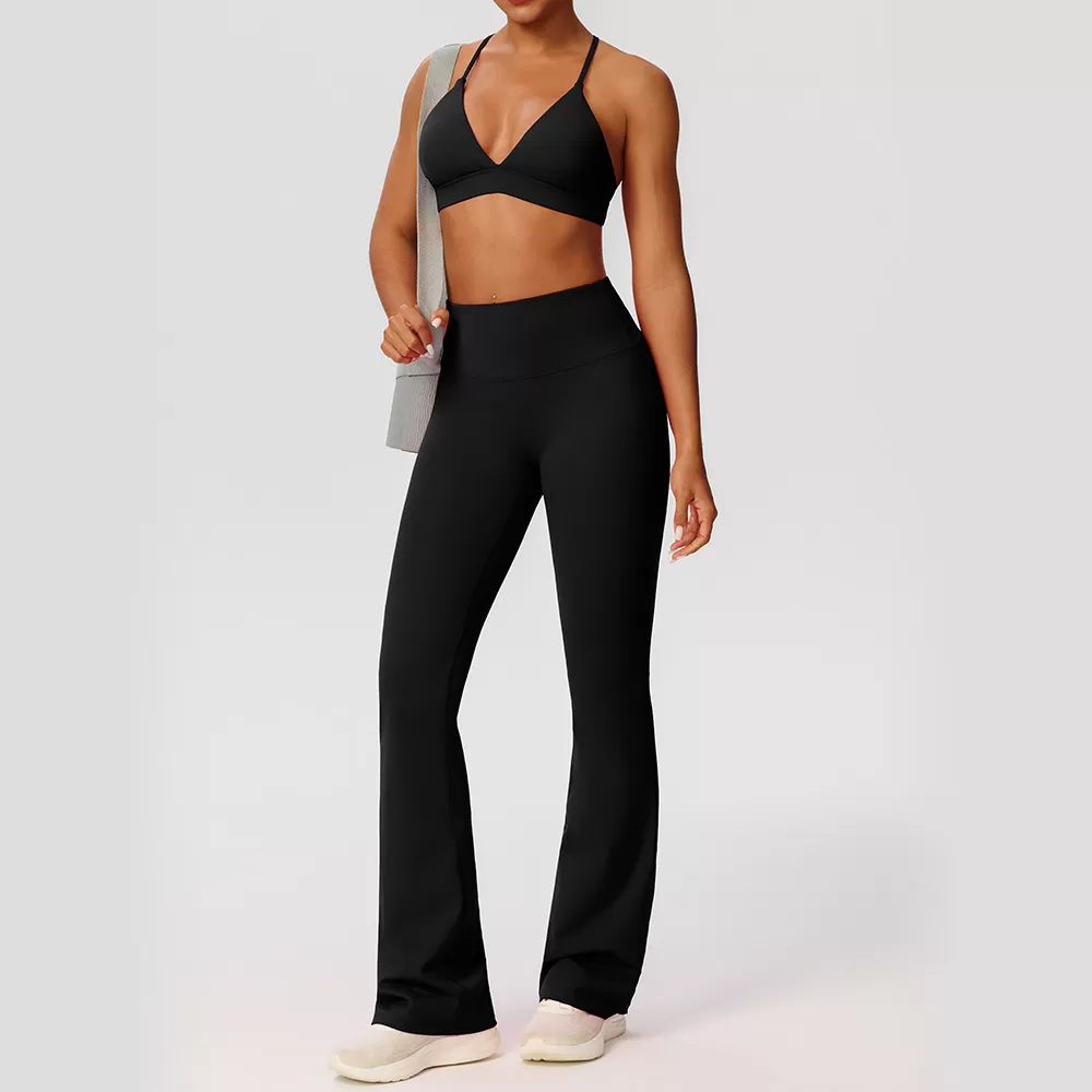 Conjunto de yoga para mujer, pantalones acampanados elásticos y sujetador, cintura elástica con cierre en cuatro direcciones FGB52736+52338