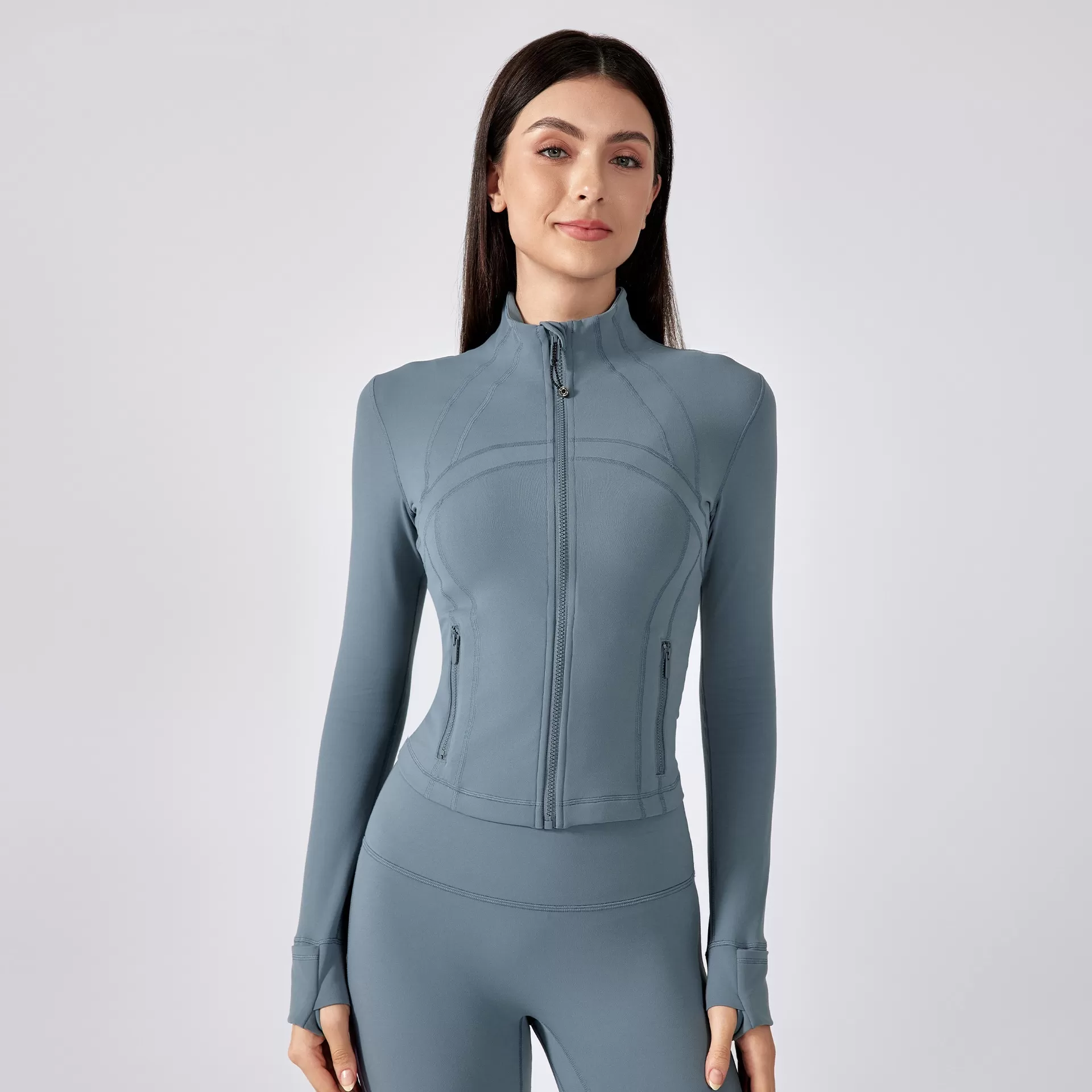 Chaqueta deportiva de manga larga para mujer, para deportes al aire libre, yoga, fitness, alta elasticidad, ajustada, con cuello alto y cremallera, para gimnasio y yoga, FGBDAW177