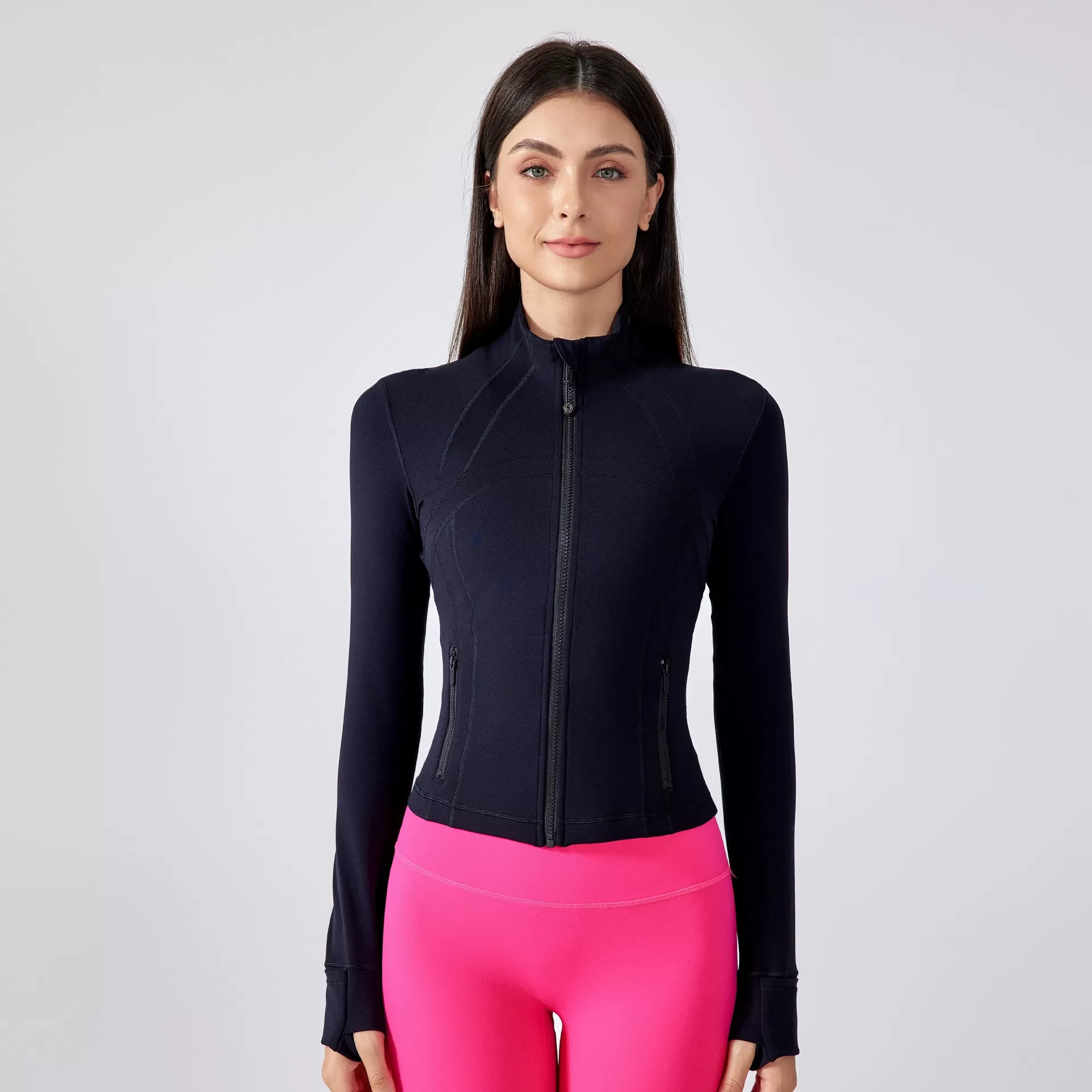 Chaqueta deportiva de manga larga para mujer, para deportes al aire libre, yoga, fitness, alta elasticidad, ajustada, con cuello alto y cremallera, para gimnasio y yoga, FGBDAW177