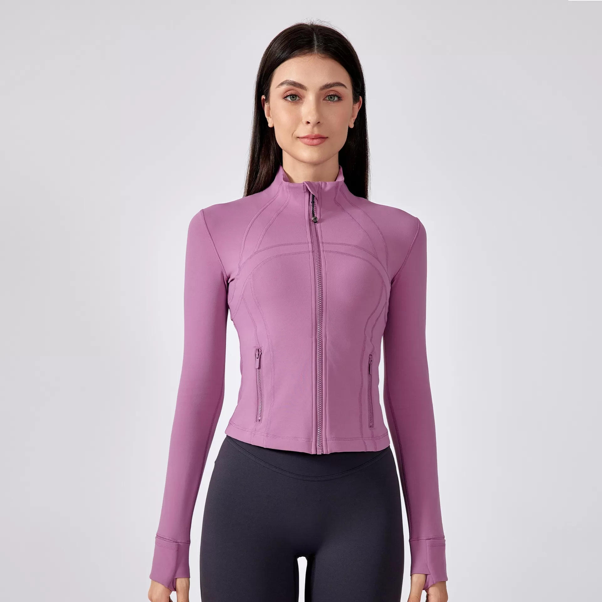 Chaqueta deportiva de manga larga para mujer, para deportes al aire libre, yoga, fitness, alta elasticidad, ajustada, con cuello alto y cremallera, para gimnasio y yoga, FGBDAW177