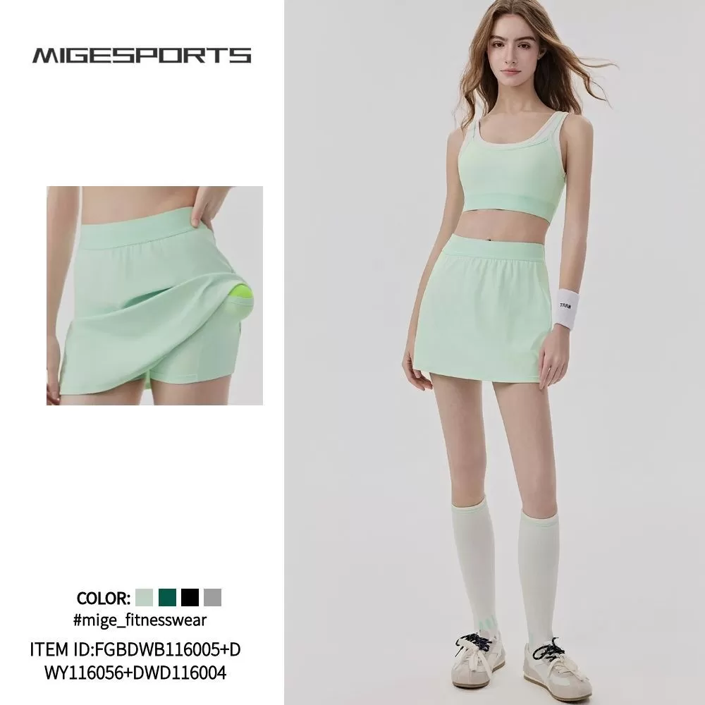 Conjunto de 3 piezas de ropa deportiva para mujer, traje de yoga, top de manga corta, sujetador, falda de entrenamiento, FGBDWB116005+DWY116056+DWD116004