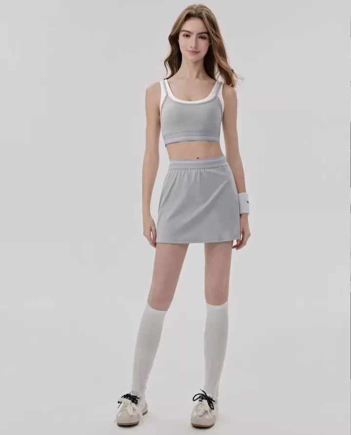 Conjunto de 3 piezas de ropa deportiva para mujer, traje de yoga, top de manga corta, sujetador, falda de entrenamiento, FGBDWB116005+DWY116056+DWD116004