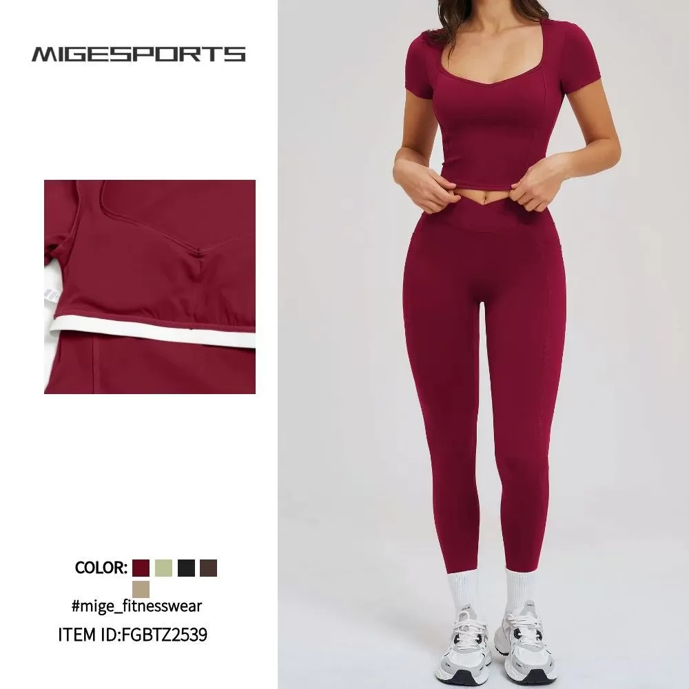 Conjunto deportivo para mujer, camiseta de manga corta, 2 piezas, leggings de yoga, conjuntos de fitness para gimnasio, FGBTZ2539