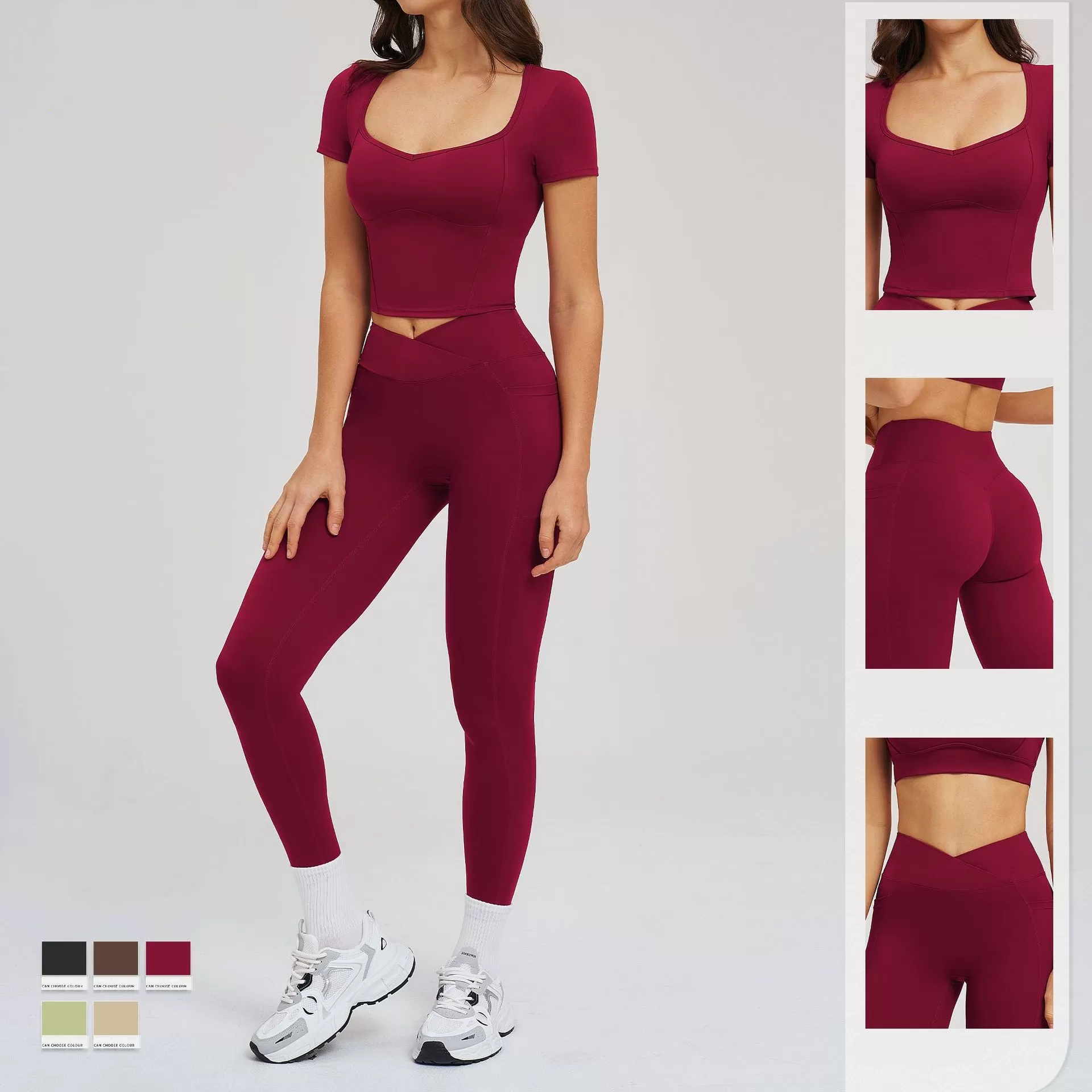 Conjunto deportivo para mujer, camiseta de manga corta, 2 piezas, leggings de yoga, conjuntos de fitness para gimnasio, FGBTZ2539