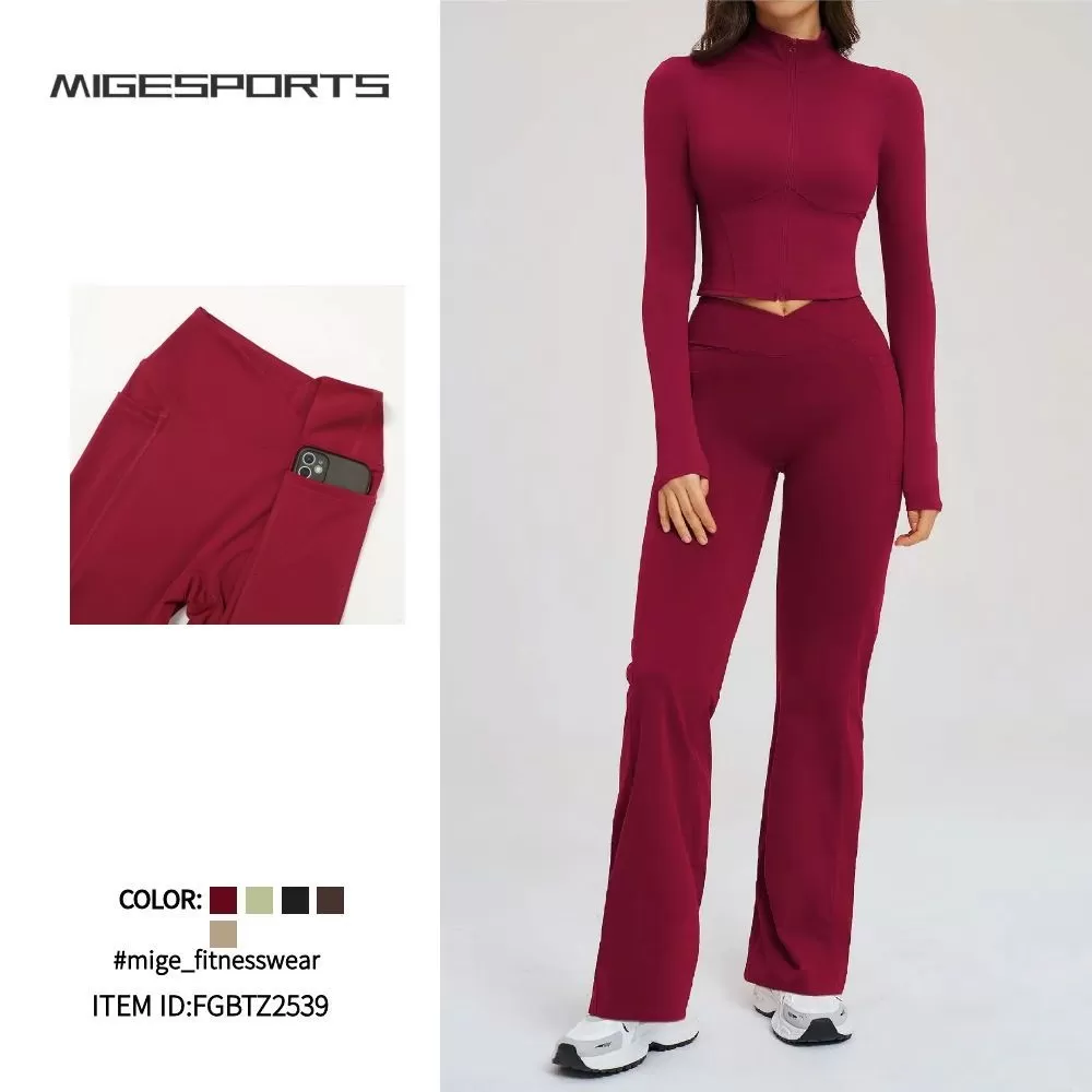 Conjunto de 2 piezas de chaqueta y leggings con cremallera para mujer, de licra y nailon, transpirables y sólidos, para yoga, FGBTZ2539