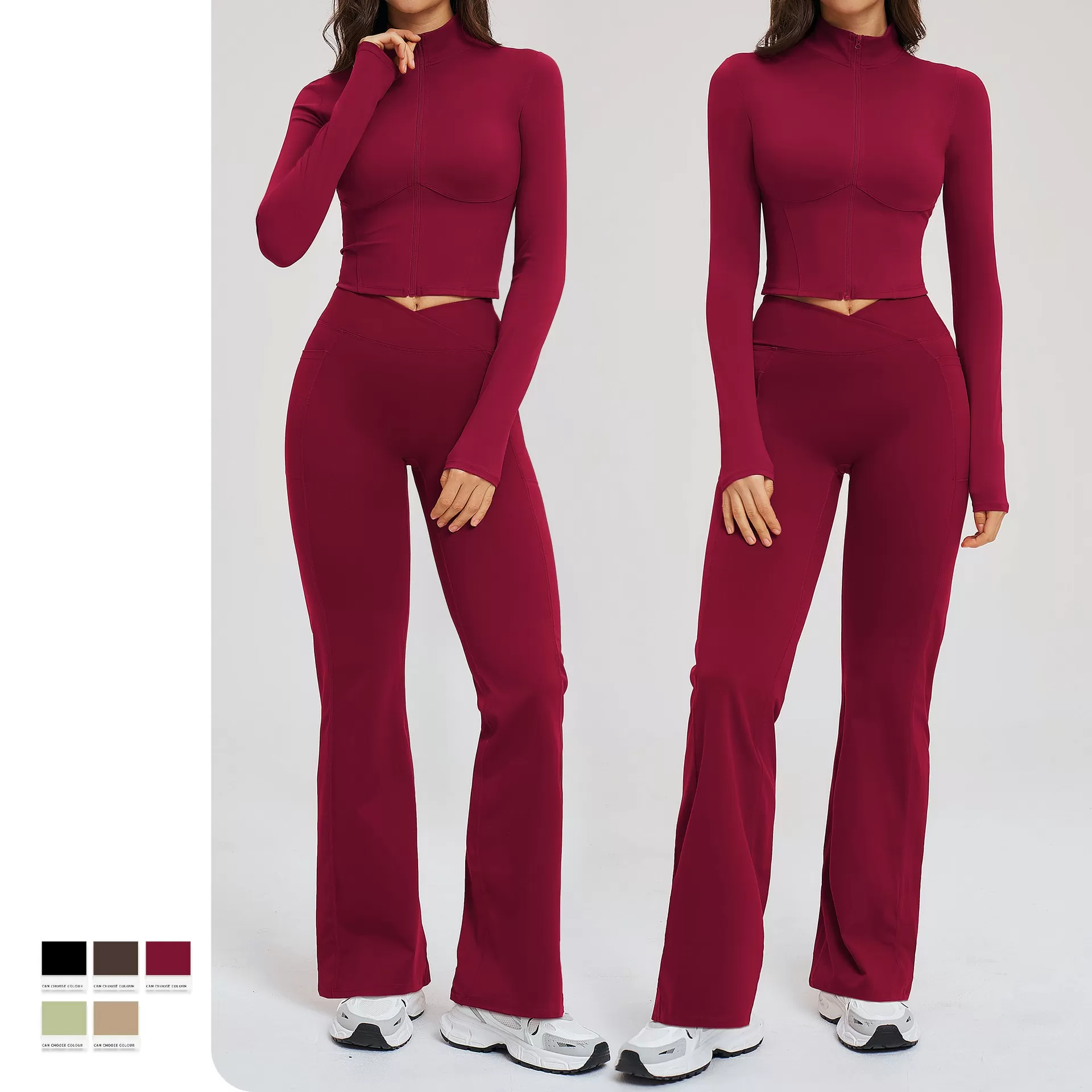 Conjunto de 2 piezas de chaqueta y leggings con cremallera para mujer, de licra y nailon, transpirables y sólidos, para yoga, FGBTZ2539