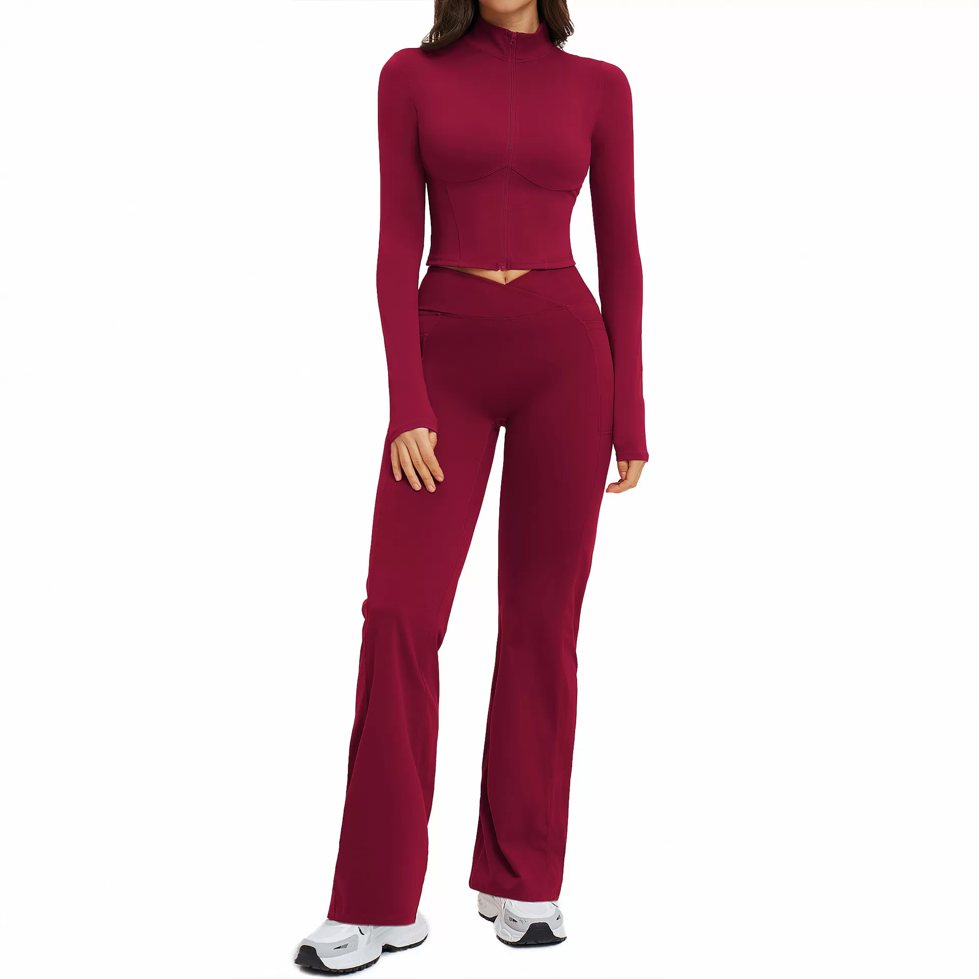 Conjunto de 2 piezas de chaqueta y leggings con cremallera para mujer, de licra y nailon, transpirables y sólidos, para yoga, FGBTZ2539