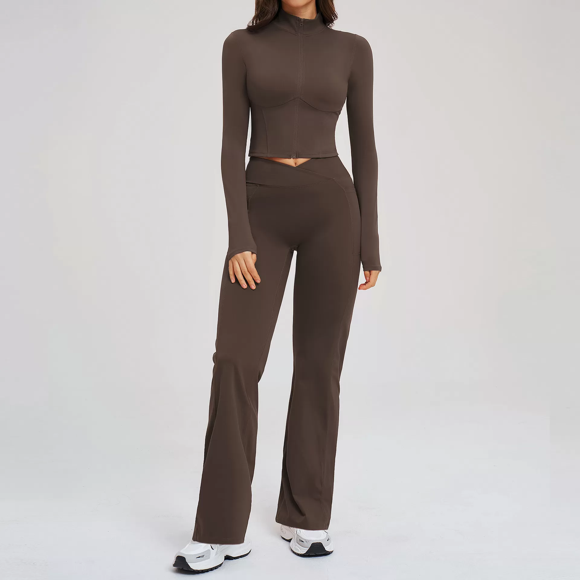 Conjunto de 2 piezas de chaqueta y leggings con cremallera para mujer, de licra y nailon, transpirables y sólidos, para yoga, FGBTZ2539