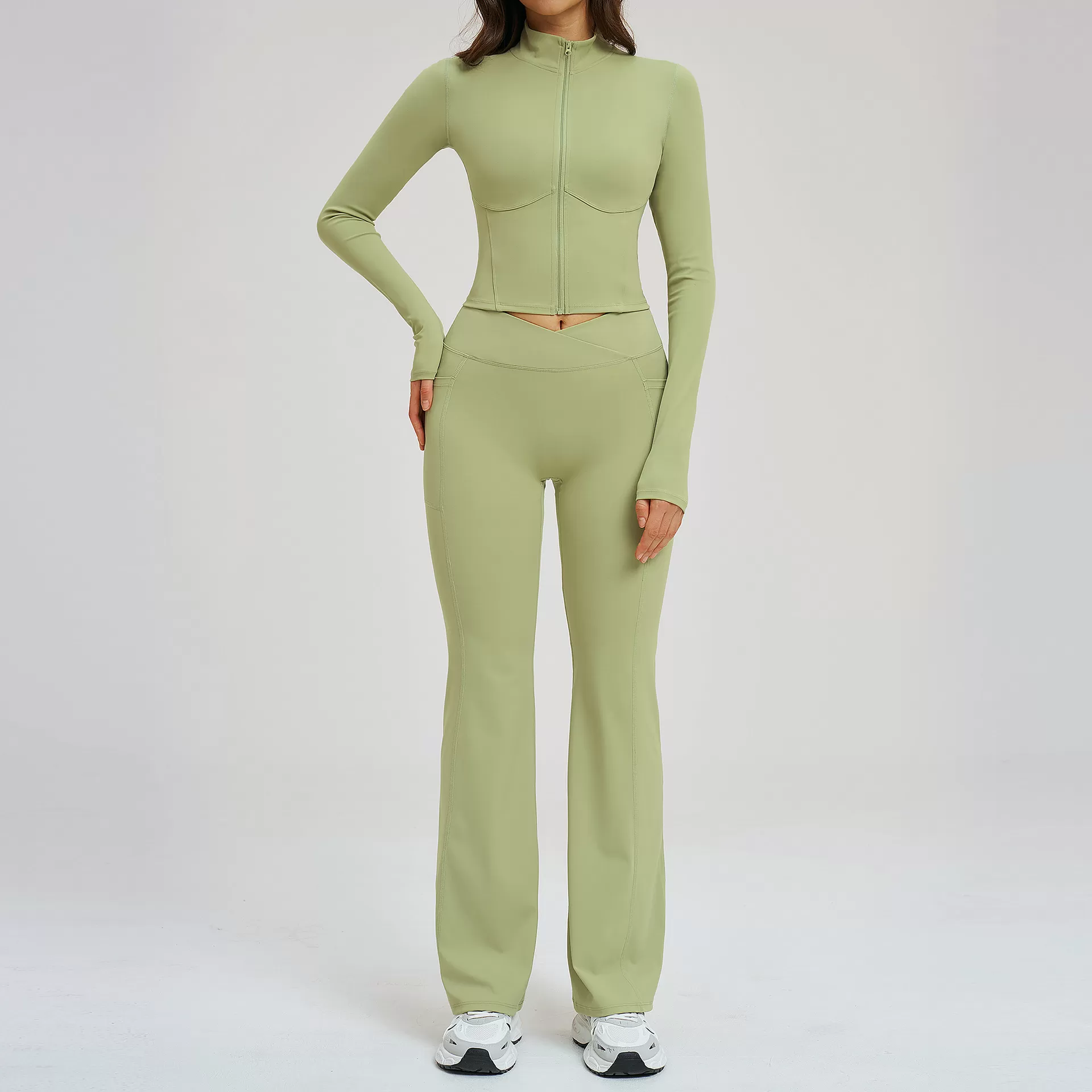 Conjunto de 2 piezas de chaqueta y leggings con cremallera para mujer, de licra y nailon, transpirables y sólidos, para yoga, FGBTZ2539