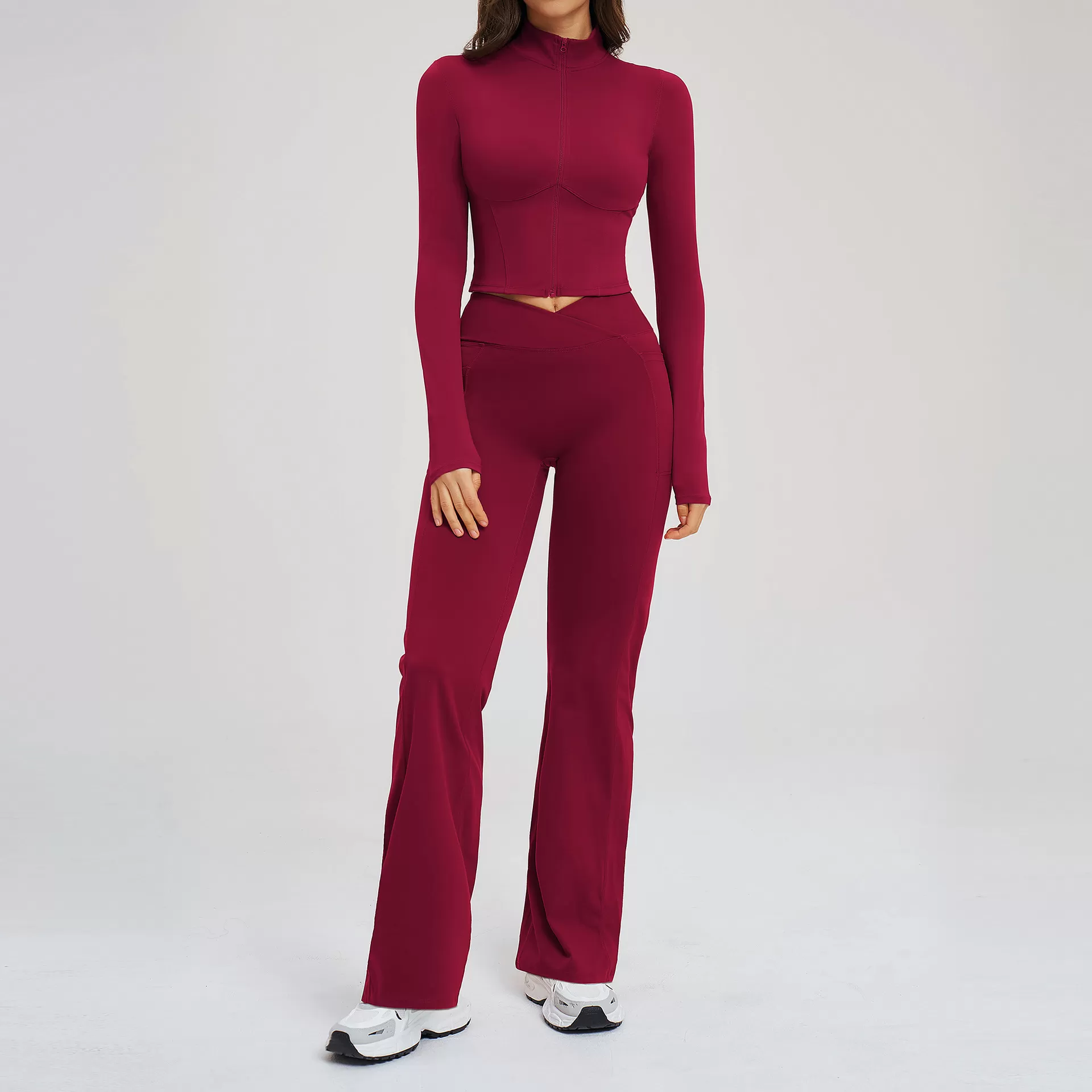 Conjunto de 2 piezas de chaqueta y leggings con cremallera para mujer, de licra y nailon, transpirables y sólidos, para yoga, FGBTZ2539