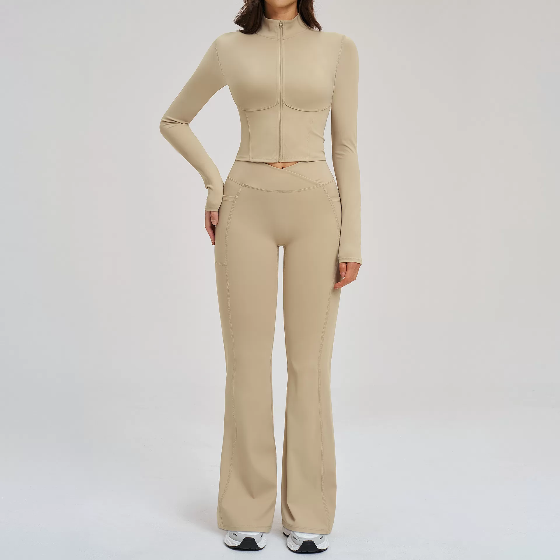 Conjunto de 2 piezas de chaqueta y leggings con cremallera para mujer, de licra y nailon, transpirables y sólidos, para yoga, FGBTZ2539