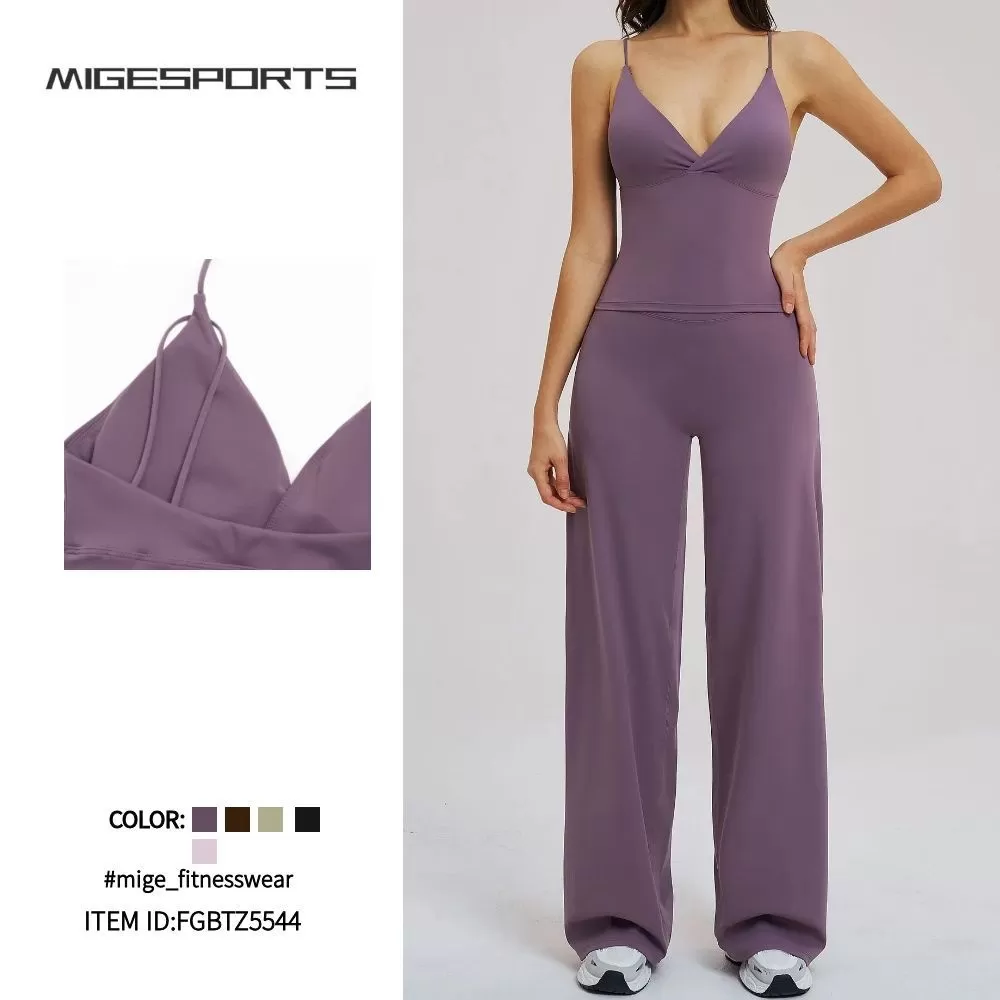 Conjuntos de ropa deportiva para gimnasio, de nailon y elastano, para mujer, para yoga, de pierna ancha, FGBTZ5544