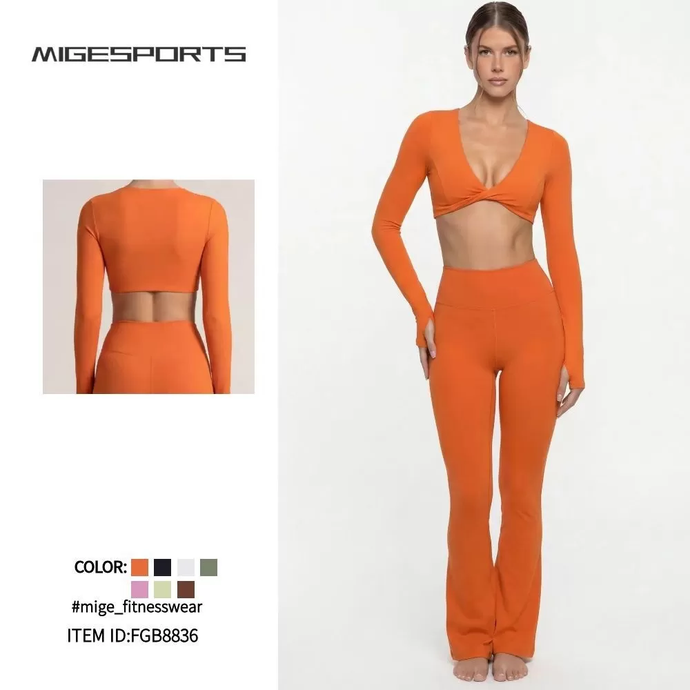 Conjunto de dos piezas de ropa deportiva de yoga, camisetas de manga larga y pantalones, chándales de gimnasio, pantalones de entrenamiento, sujetadores de yoga, ropa interior para mujer FGB8836